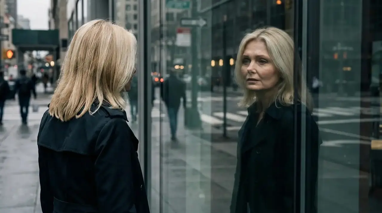 Christine looking at her reflection in a city window