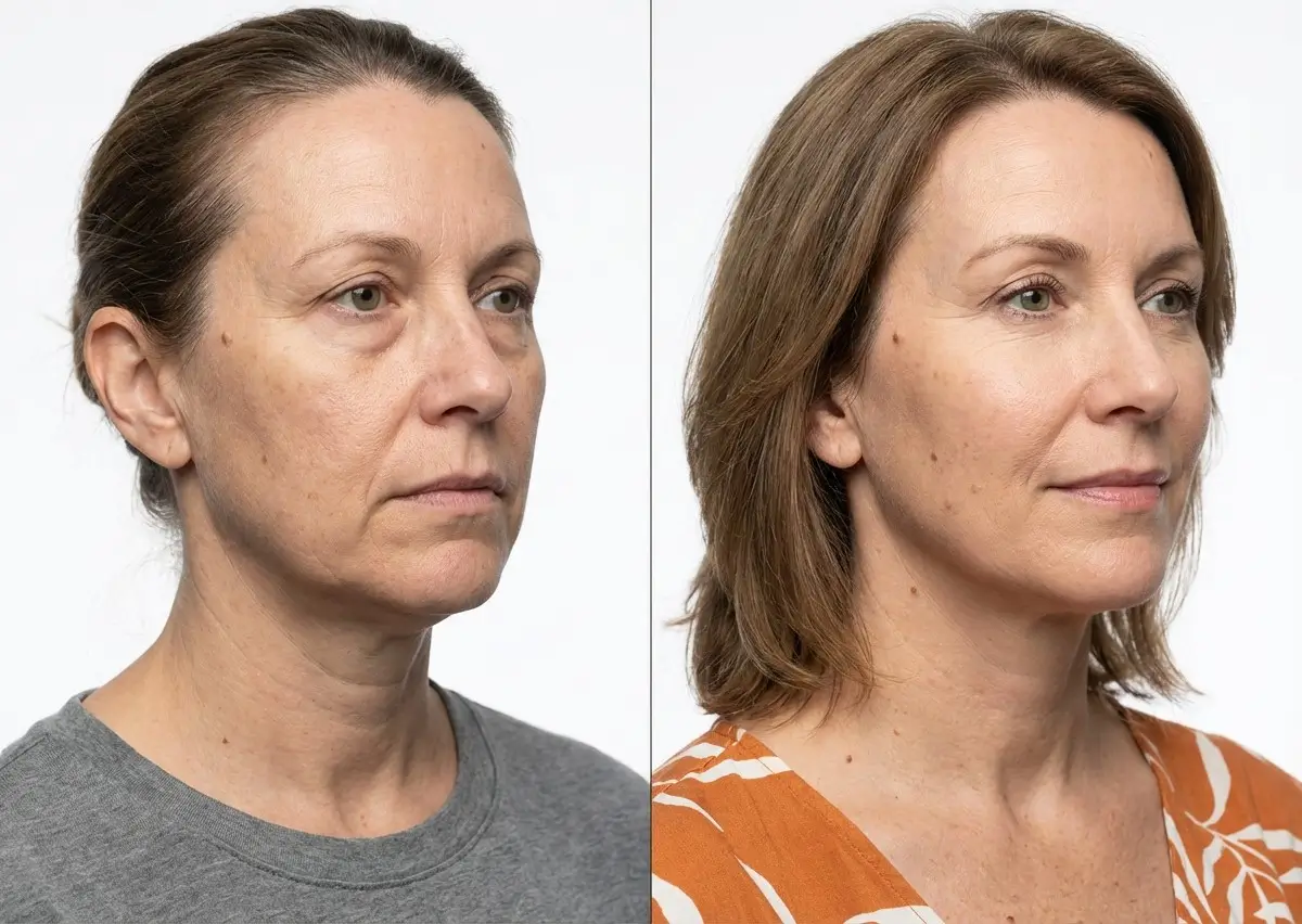 Side-by-side portrait comparison of a woman